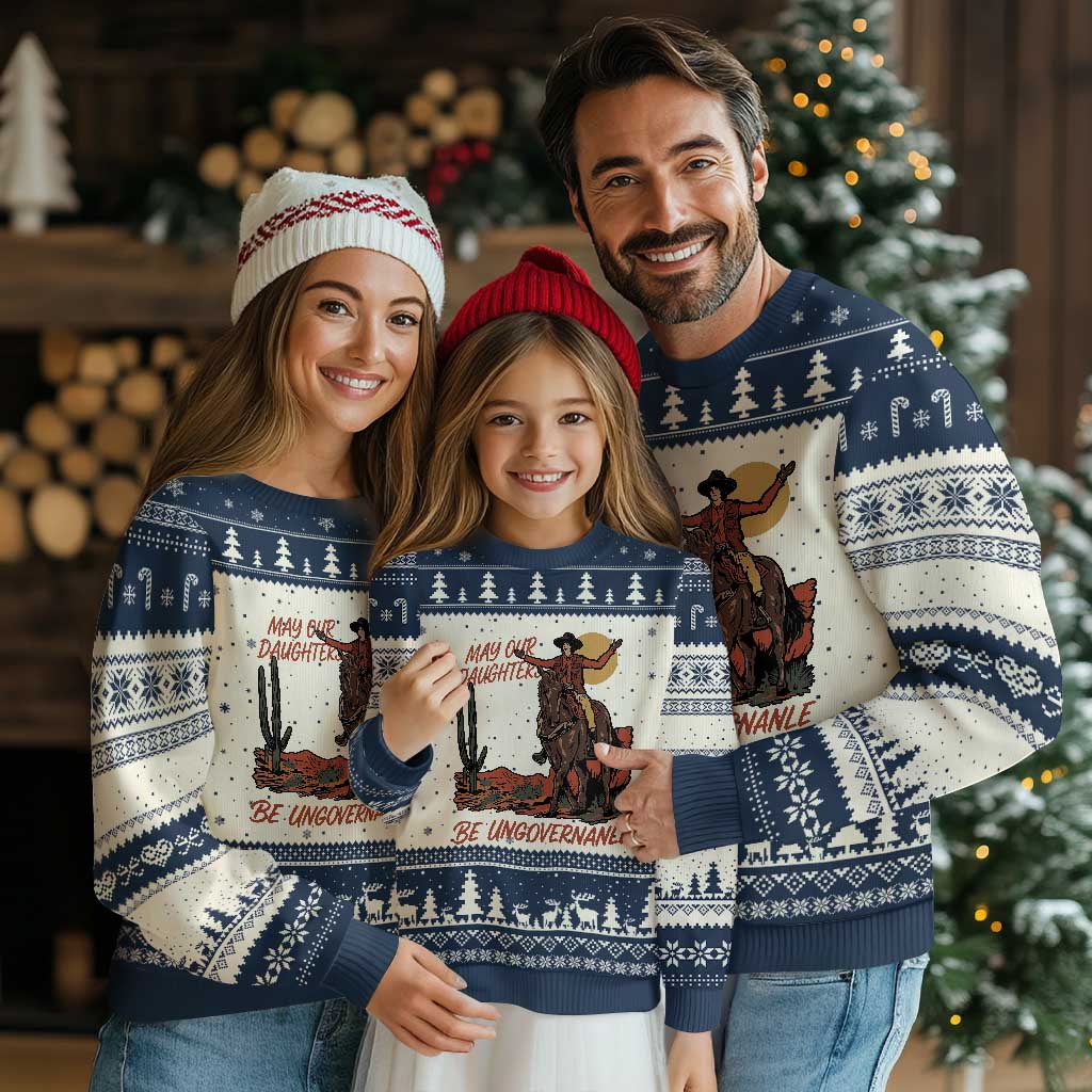 May Our Daughters Be Ungovernable Ugly Christmas Sweater Retro Cowgirl Western Feminist Protest TS14 Beige Navy Print Your Wear