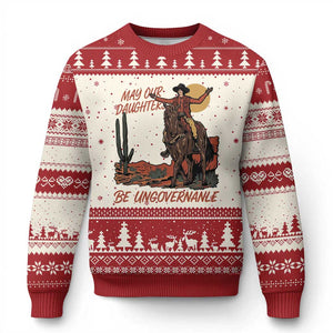 May Our Daughters Be Ungovernable Ugly Christmas Sweater Retro Cowgirl Western Feminist Protest TS14 Beige Red Print Your Wear