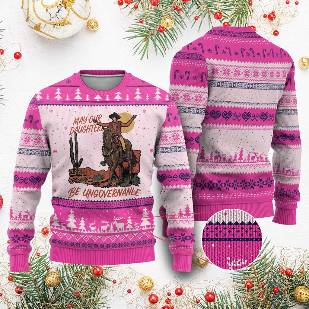 May Our Daughters Be Ungovernable Ugly Christmas Sweater Retro Cowgirl Western Feminist Protest TS14 Hot Pink Print Your Wear