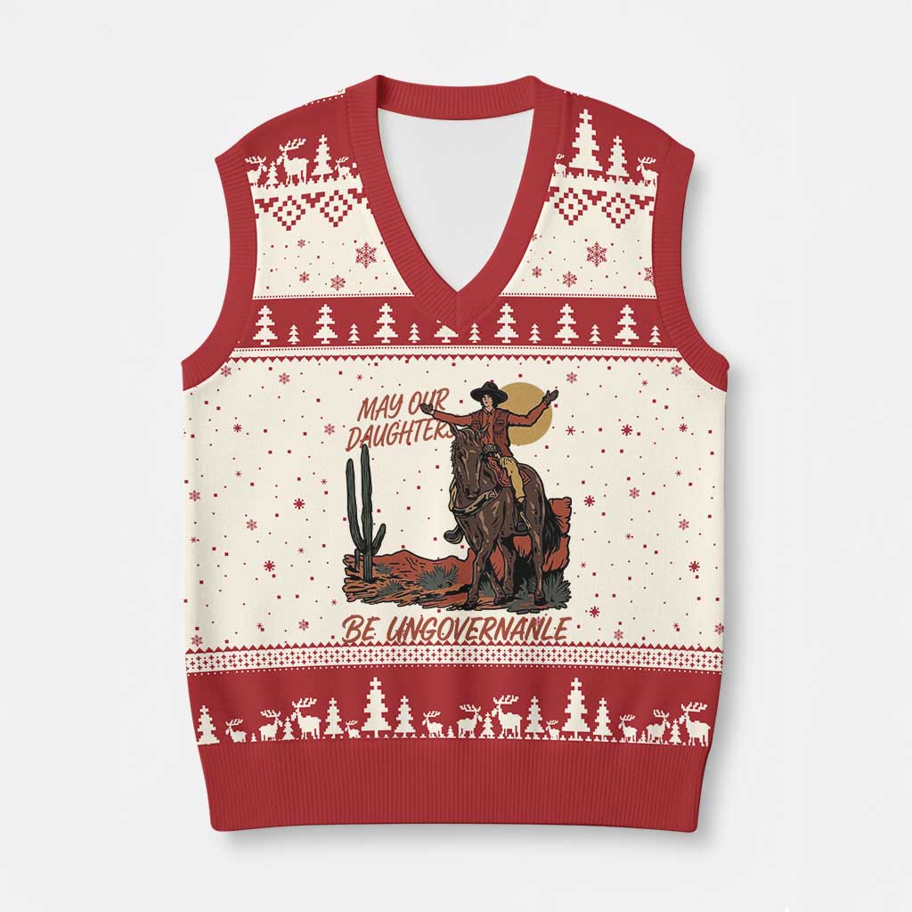 May Our Daughters Be Ungovernable V-Neck Knit Sweater Vest Retro Cowgirl Western Feminist Protest TS14 Beige Red Print Your Wear