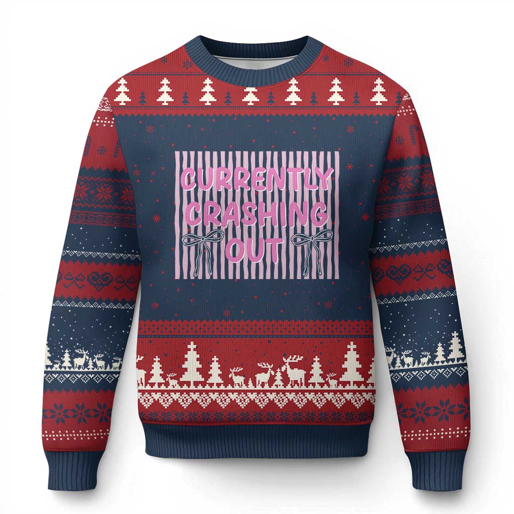 Currently Crashing Out Ugly Christmas Sweater Coquette Pink Bow Sarcastic Funny Quote TS14 Navy Red Print Your Wear