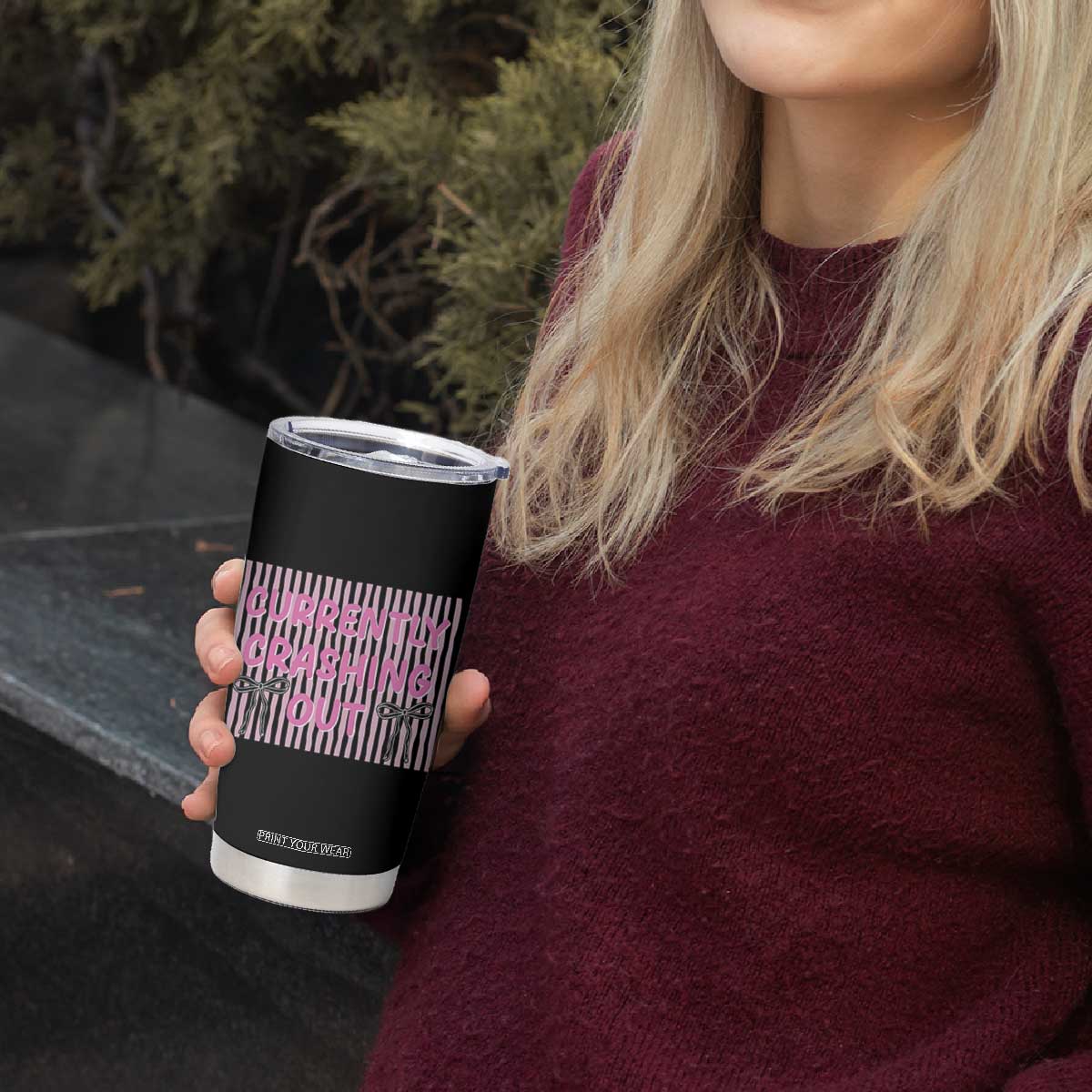 Currently Crashing Out Tumbler Cup Coquette Pink Bow Sarcastic Funny Quote TS14 Print Your Wear