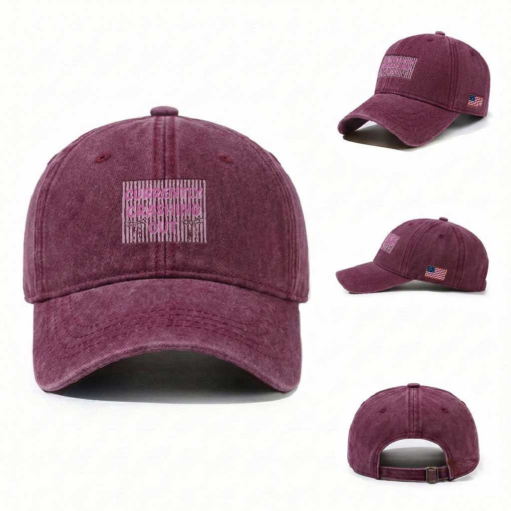 Currently Crashing Out Washed Cotton Baseball Cap Coquette Pink Bow Sarcastic Funny Quote TS14 Washed Cap Universal Fit Burgundy Print Your Wear