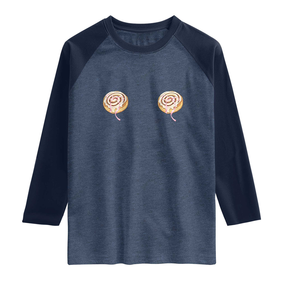 Funny Cinnamon Roll Raglan Shirt Double Bakery Meme TS14 Heather Denim Navy Print Your Wear