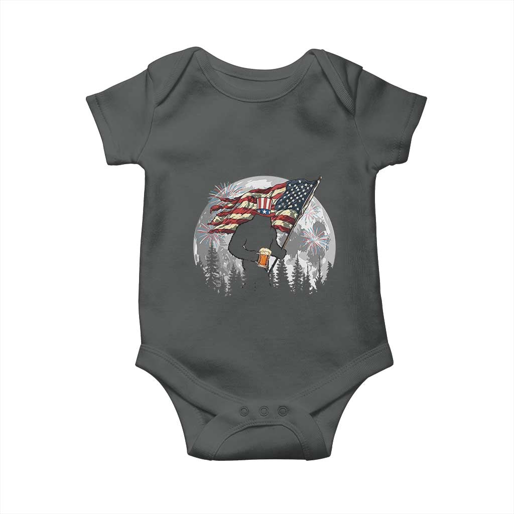 Bigfoot Drinking Beer 4th of July Baby Onesie Sasquatch Hiking Moon American Flag TS14 Dark Heather Print Your Wear