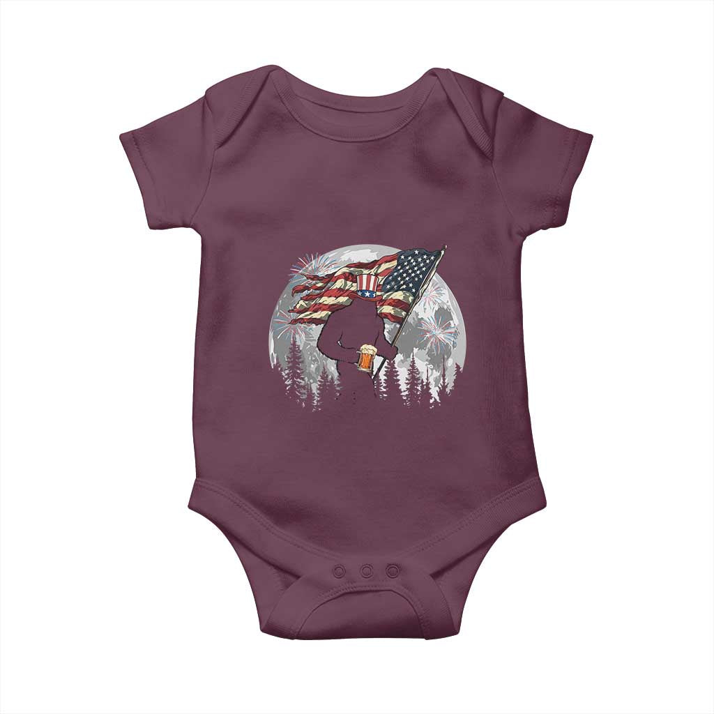 Bigfoot Drinking Beer 4th of July Baby Onesie Sasquatch Hiking Moon American Flag TS14 Maroon Print Your Wear