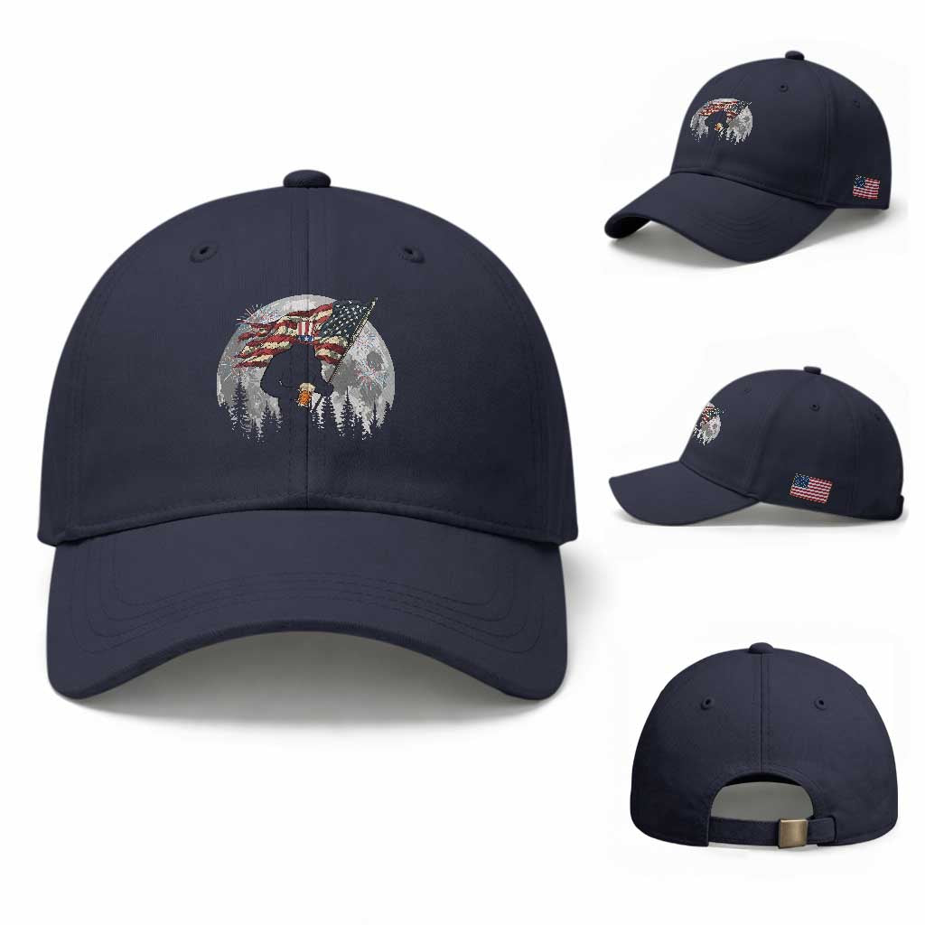 Bigfoot Drinking Beer 4th of July Baseball Cap Sasquatch Hiking Moon American Flag TS14 Baseball Cap Universal Fit Navy Print Your Wear