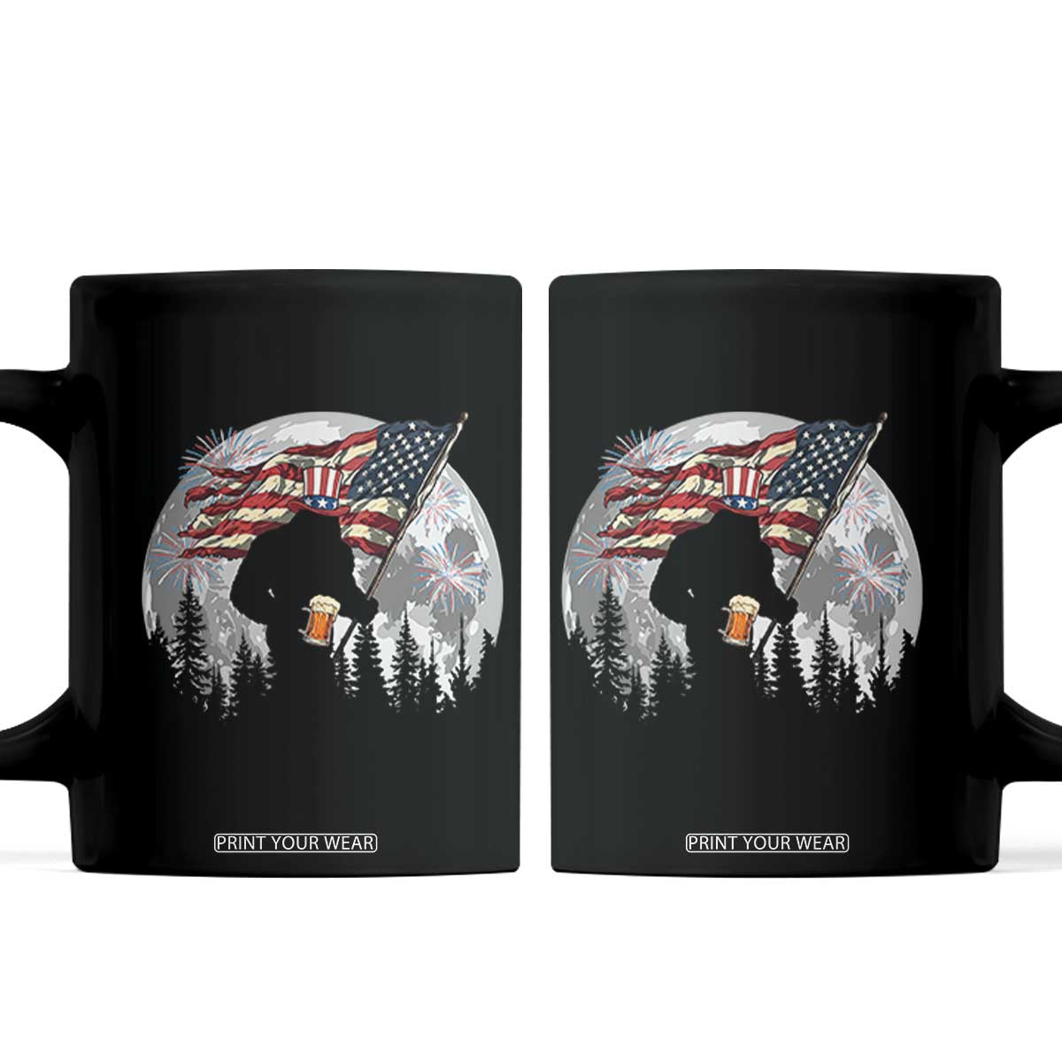 Bigfoot Drinking Beer 4th of July Coffee Mug Sasquatch Hiking Moon American Flag TS14 Black Print Your Wear