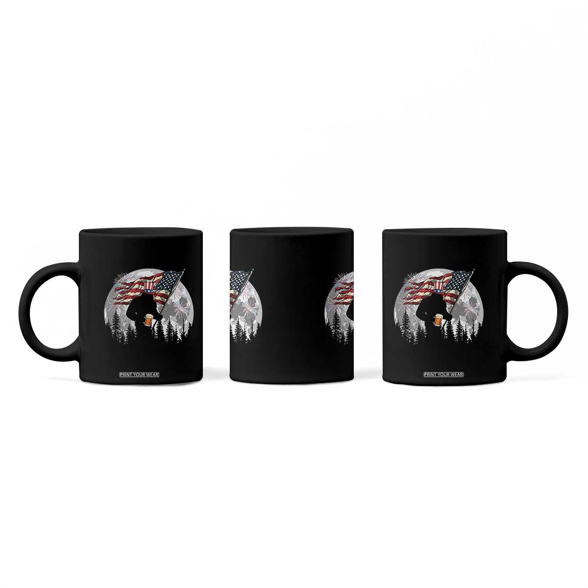 Bigfoot Drinking Beer 4th of July Coffee Mug Sasquatch Hiking Moon American Flag TS14 Print Your Wear
