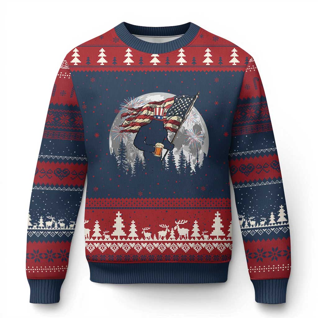 Bigfoot Drinking Beer 4th of July Ugly Christmas Sweater Sasquatch Hiking Moon American Flag TS14 Navy Red Print Your Wear