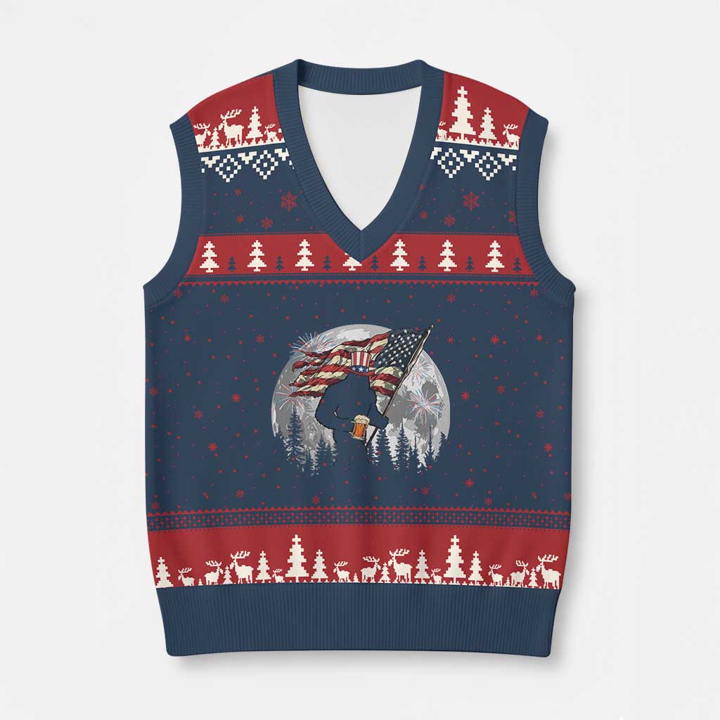 Bigfoot Drinking Beer 4th of July V-Neck Knit Sweater Vest Sasquatch Hiking Moon American Flag TS14 Navy Red Print Your Wear