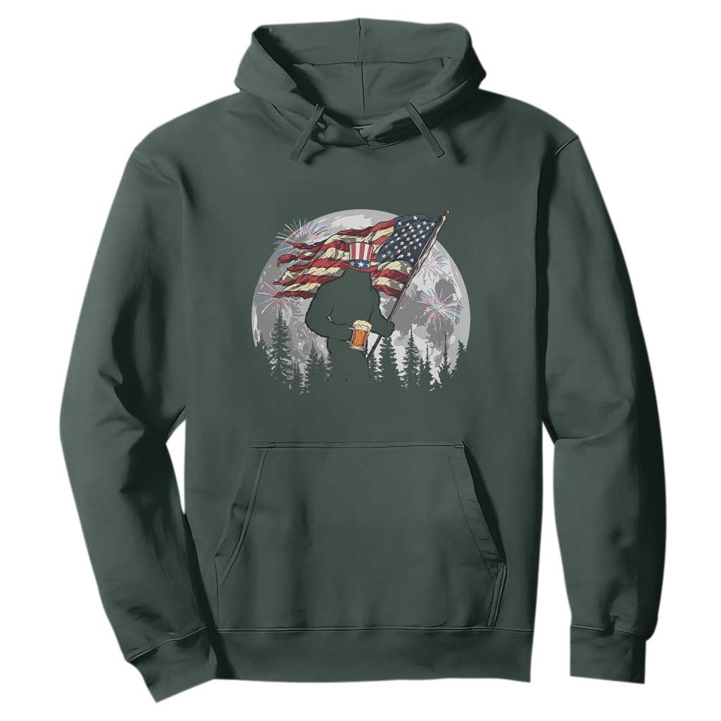 Bigfoot Drinking Beer 4th of July Hoodie Sasquatch Hiking Moon American Flag TS14 Dark Forest Green Print Your Wear