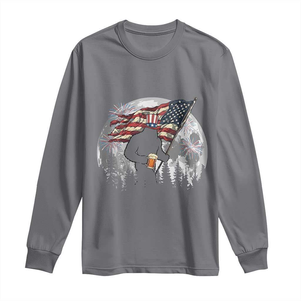 Bigfoot Drinking Beer 4th of July Long Sleeve Shirt Sasquatch Hiking Moon American Flag TS14 Charcoal Print Your Wear