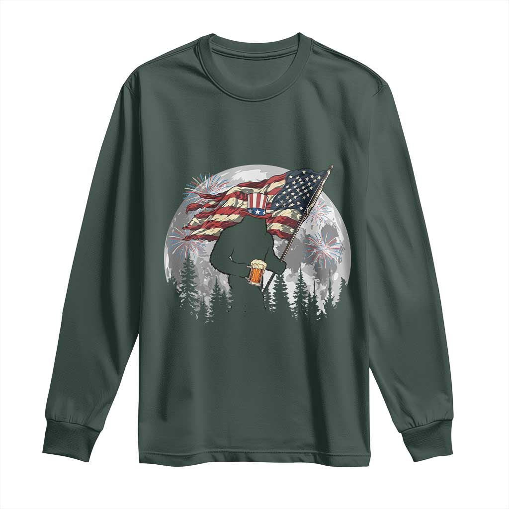 Bigfoot Drinking Beer 4th of July Long Sleeve Shirt Sasquatch Hiking Moon American Flag TS14 Dark Forest Green Print Your Wear