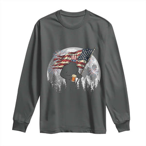 Bigfoot Drinking Beer 4th of July Long Sleeve Shirt Sasquatch Hiking Moon American Flag TS14 Dark Heather Print Your Wear