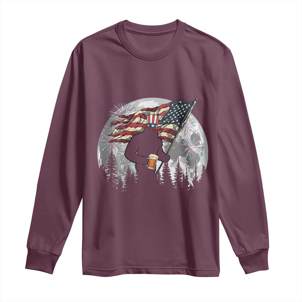 Bigfoot Drinking Beer 4th of July Long Sleeve Shirt Sasquatch Hiking Moon American Flag TS14 Maroon Print Your Wear