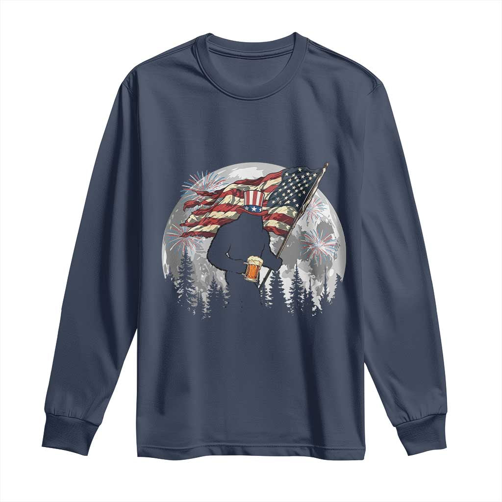 Bigfoot Drinking Beer 4th of July Long Sleeve Shirt Sasquatch Hiking Moon American Flag TS14 Navy Print Your Wear
