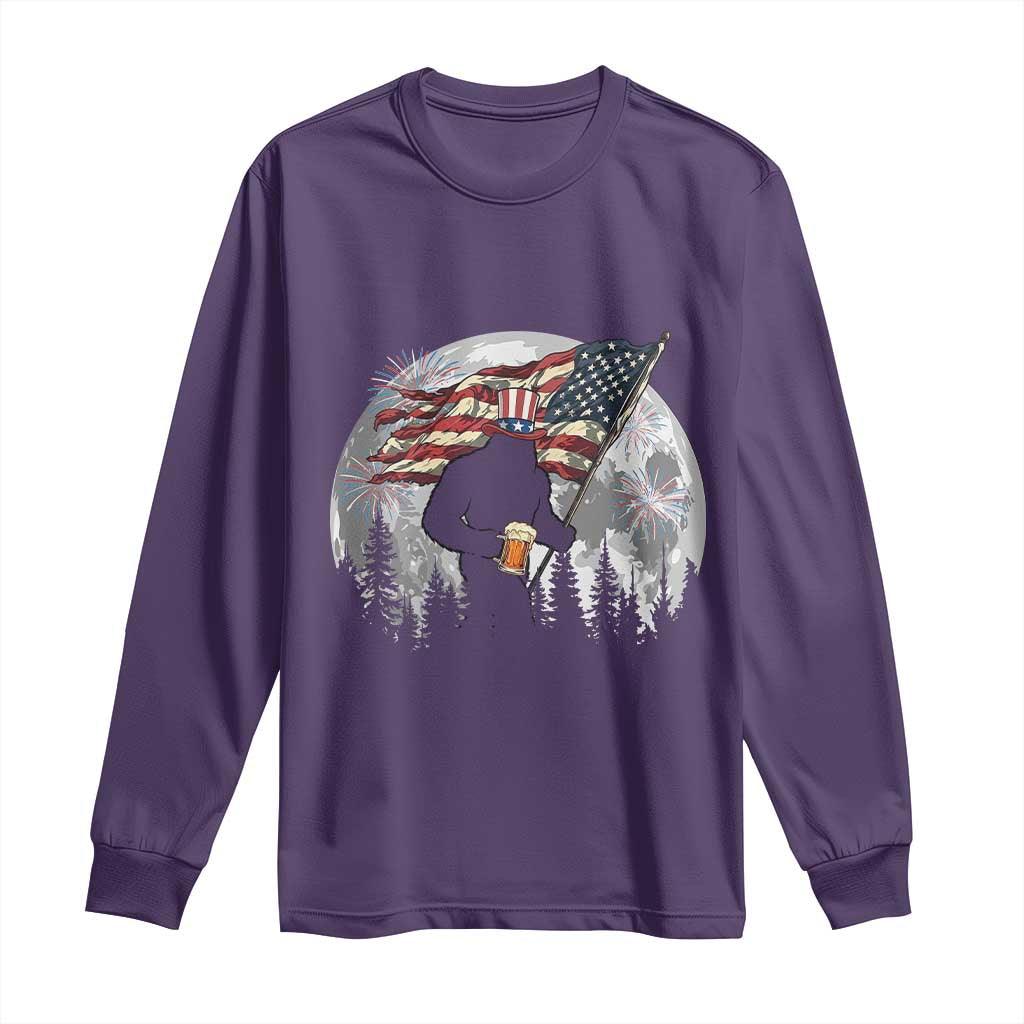 Bigfoot Drinking Beer 4th of July Long Sleeve Shirt Sasquatch Hiking Moon American Flag TS14 Purple Print Your Wear