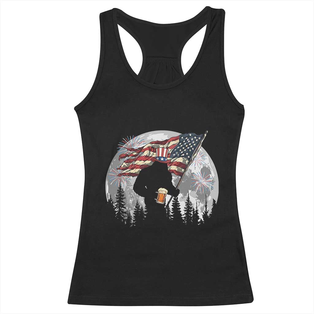 Bigfoot Drinking Beer 4th of July Racerback Tank Top Sasquatch Hiking Moon American Flag TS14 Black Print Your Wear