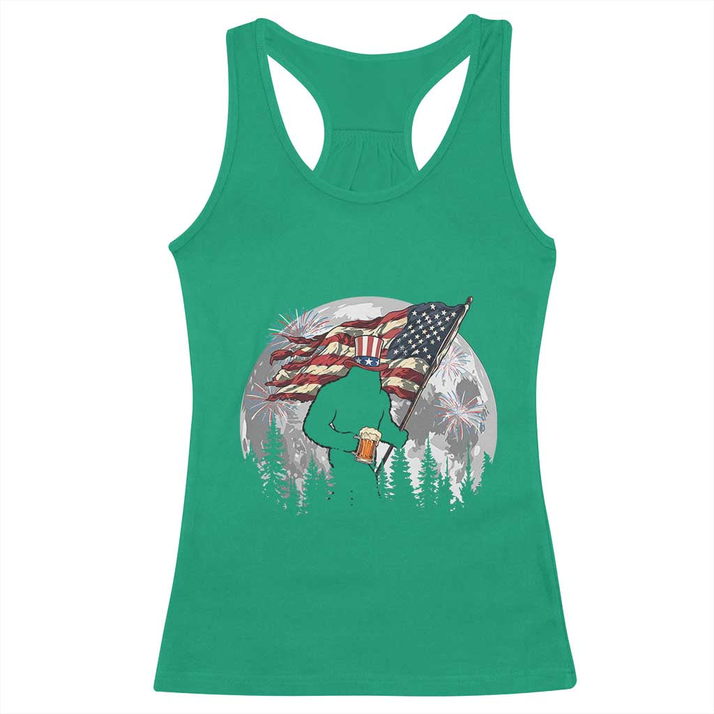 Bigfoot Drinking Beer 4th of July Racerback Tank Top Sasquatch Hiking Moon American Flag TS14 Irish Green Print Your Wear