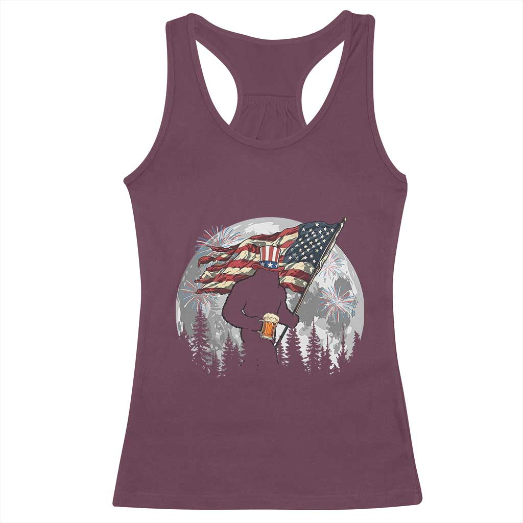 Bigfoot Drinking Beer 4th of July Racerback Tank Top Sasquatch Hiking Moon American Flag TS14 Maroon Print Your Wear