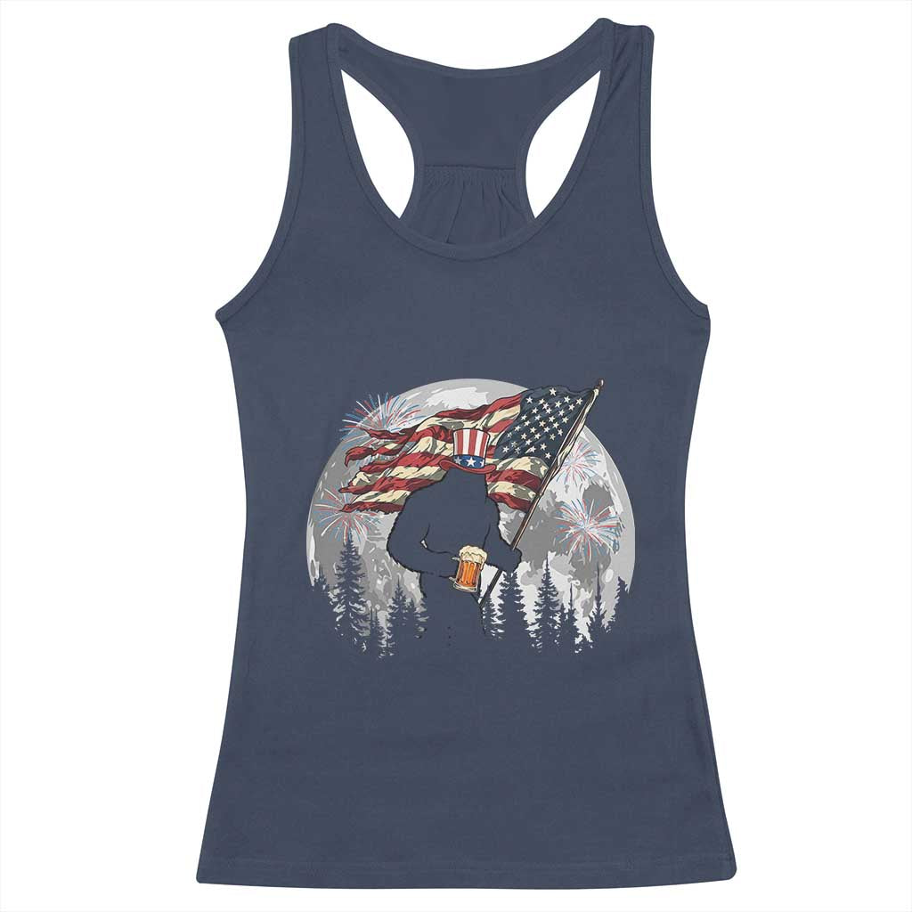 Bigfoot Drinking Beer 4th of July Racerback Tank Top Sasquatch Hiking Moon American Flag TS14 Navy Print Your Wear