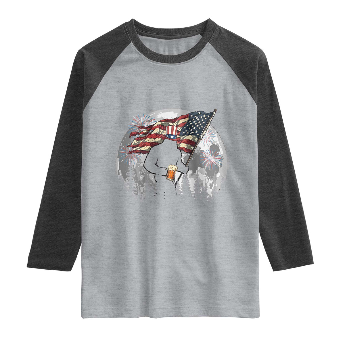 Bigfoot Drinking Beer 4th of July Raglan Shirt Sasquatch Hiking Moon American Flag TS14 Heather Gray Heather Charcoal Print Your Wear