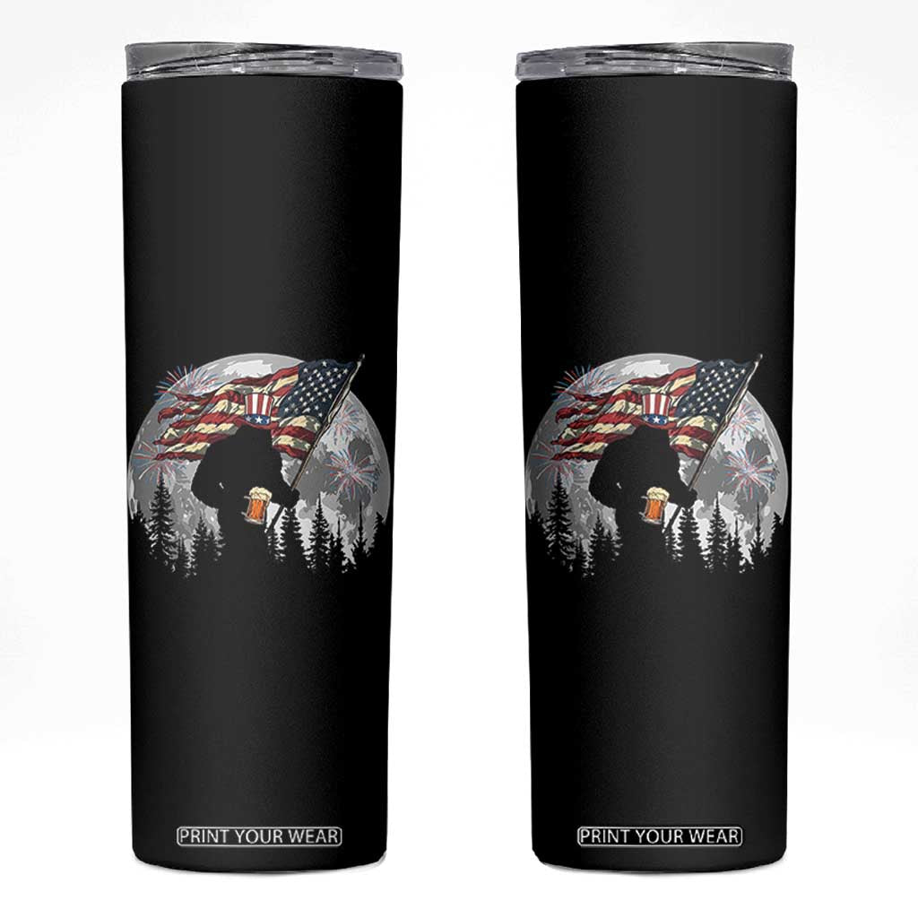 Bigfoot Drinking Beer 4th of July Skinny Tumbler Sasquatch Hiking Moon American Flag TS14 Black Print Your Wear