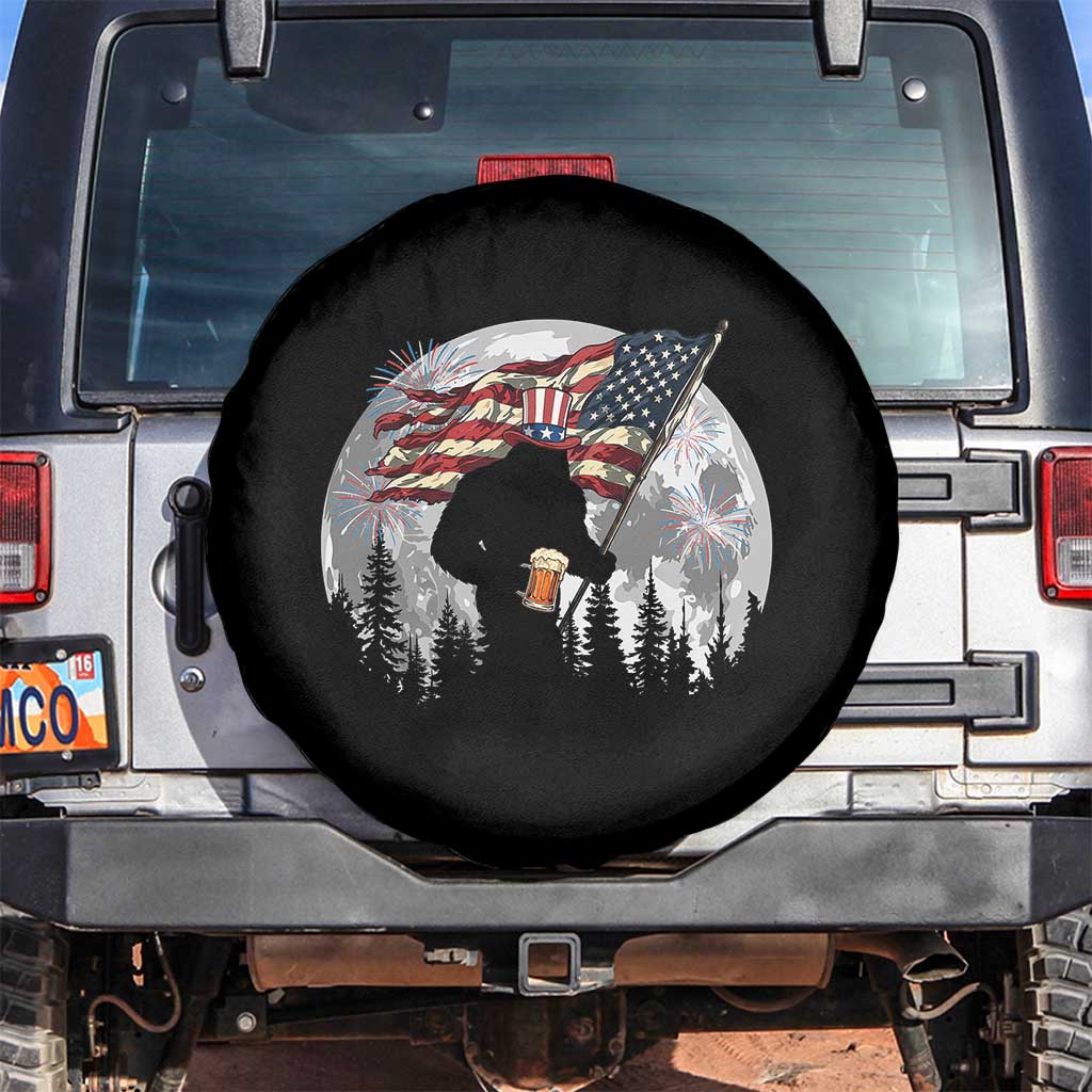 Bigfoot Drinking Beer 4th of July Spare Tire Cover Sasquatch Hiking Moon American Flag TS14 No hole Black Print Your Wear