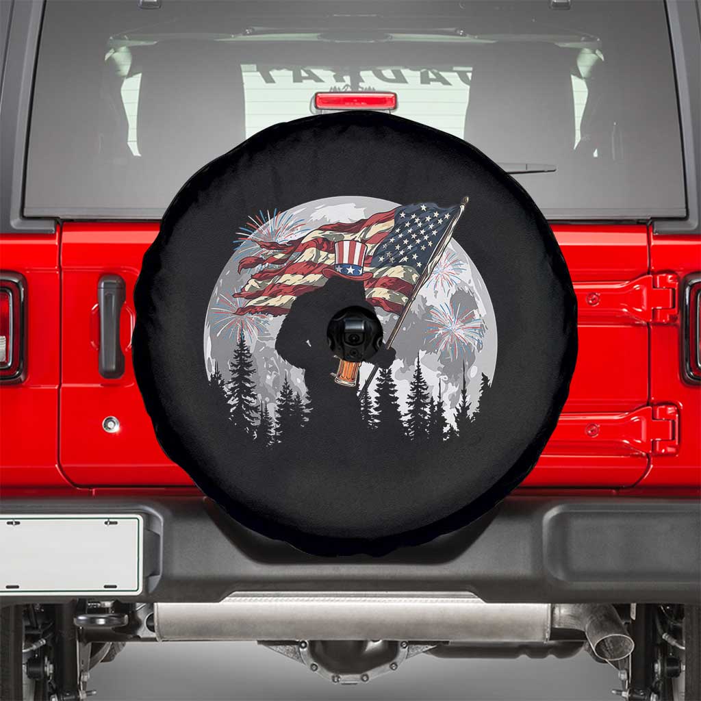 Bigfoot Drinking Beer 4th of July Spare Tire Cover Sasquatch Hiking Moon American Flag TS14 Black Print Your Wear