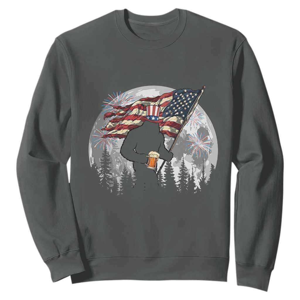 Bigfoot Drinking Beer 4th of July Sweatshirt Sasquatch Hiking Moon American Flag TS14 Dark Heather Print Your Wear
