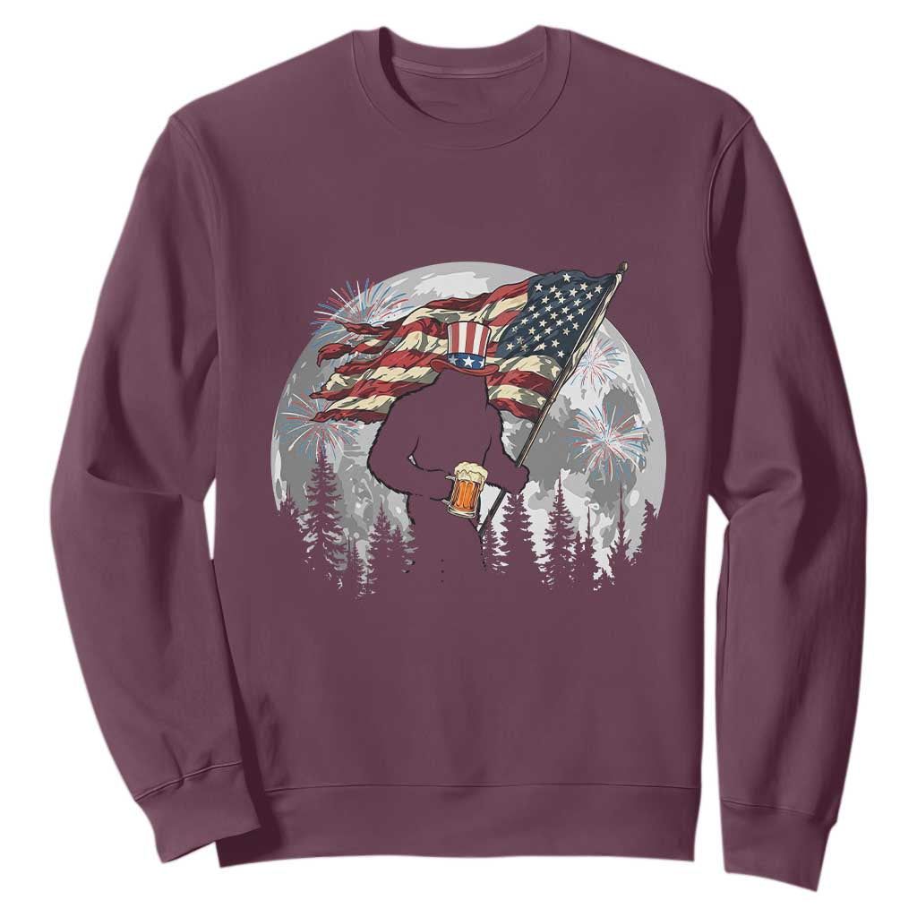Bigfoot Drinking Beer 4th of July Sweatshirt Sasquatch Hiking Moon American Flag TS14 Maroon Print Your Wear