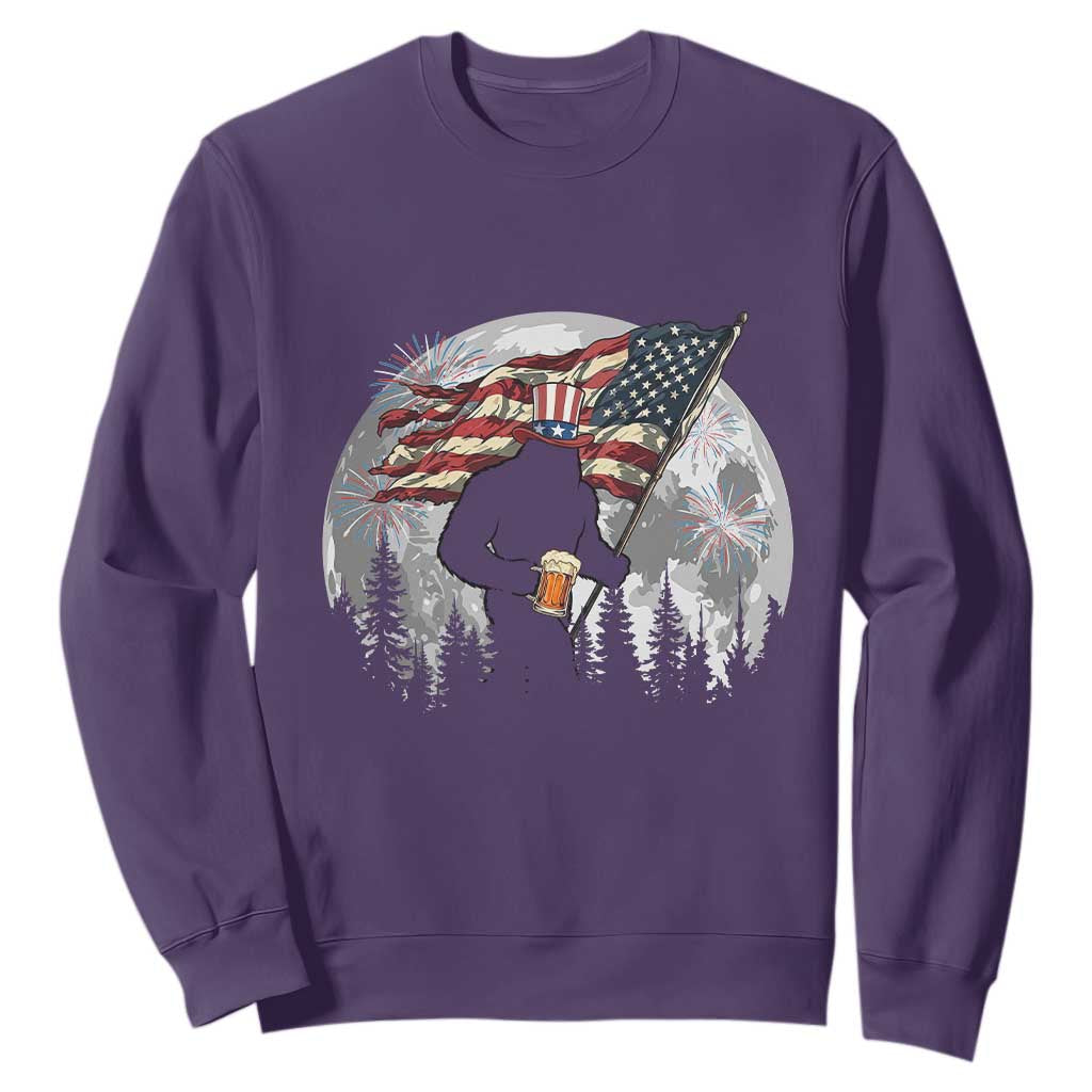 Bigfoot Drinking Beer 4th of July Sweatshirt Sasquatch Hiking Moon American Flag TS14 Purple Print Your Wear