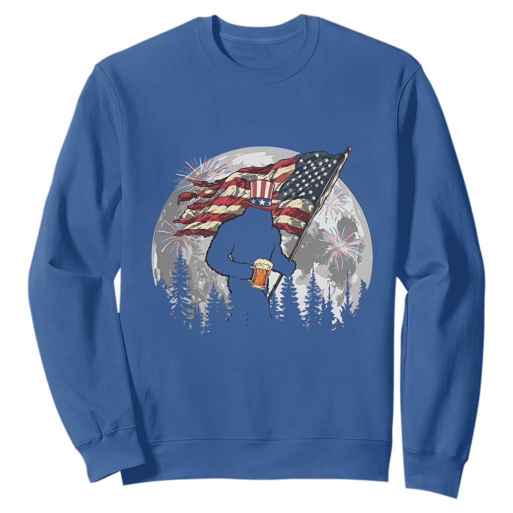 Bigfoot Drinking Beer 4th of July Sweatshirt Sasquatch Hiking Moon American Flag TS14 Royal Blue Print Your Wear