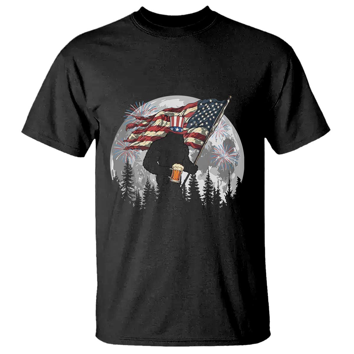 Bigfoot Drinking Beer 4th of July T Shirt Sasquatch Hiking Moon American Flag TS14 Black Print Your Wear