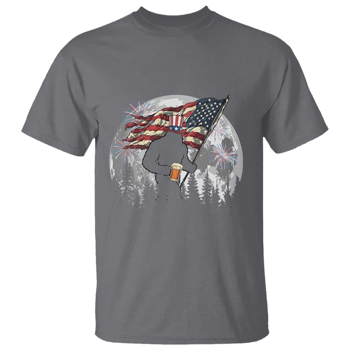 Bigfoot Drinking Beer 4th of July T Shirt Sasquatch Hiking Moon American Flag TS14 Charcoal Print Your Wear