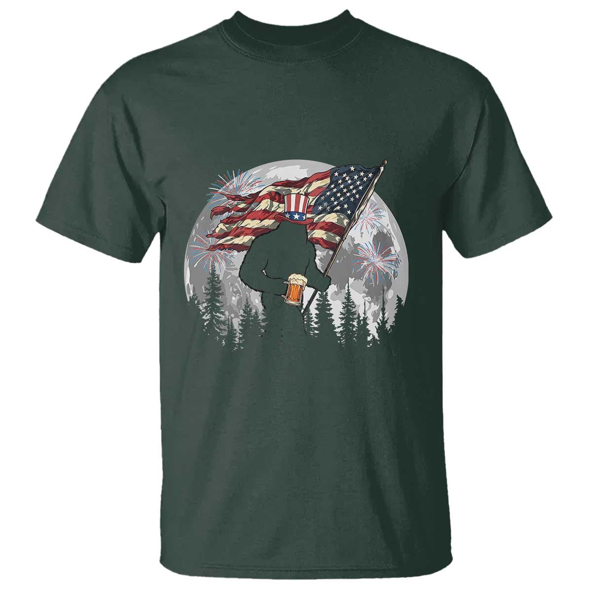 Bigfoot Drinking Beer 4th of July T Shirt Sasquatch Hiking Moon American Flag TS14 Dark Forest Green Print Your Wear