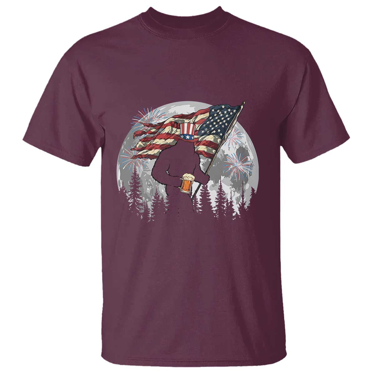 Bigfoot Drinking Beer 4th of July T Shirt Sasquatch Hiking Moon American Flag TS14 Maroon Print Your Wear