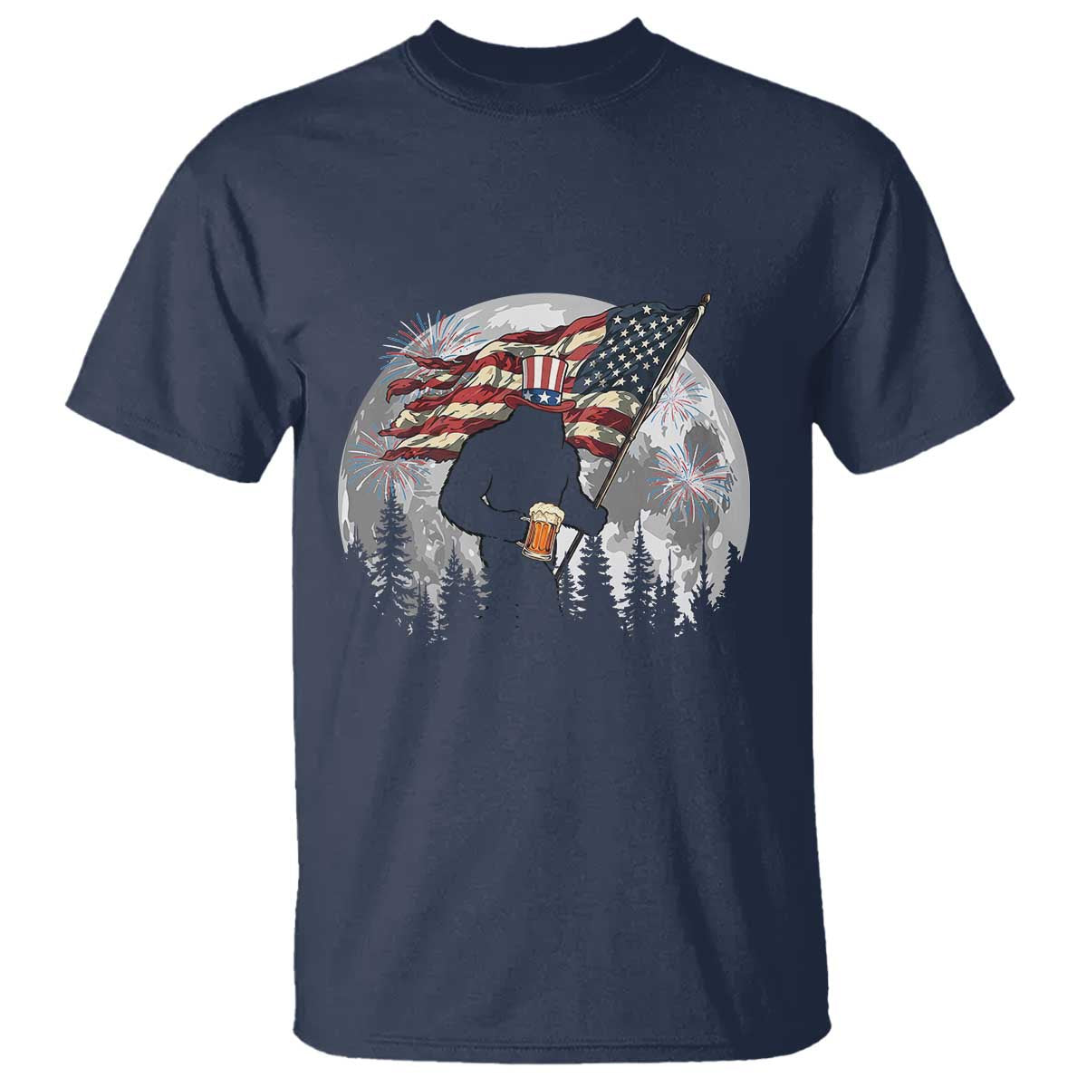 Bigfoot Drinking Beer 4th of July T Shirt Sasquatch Hiking Moon American Flag TS14 Navy Print Your Wear