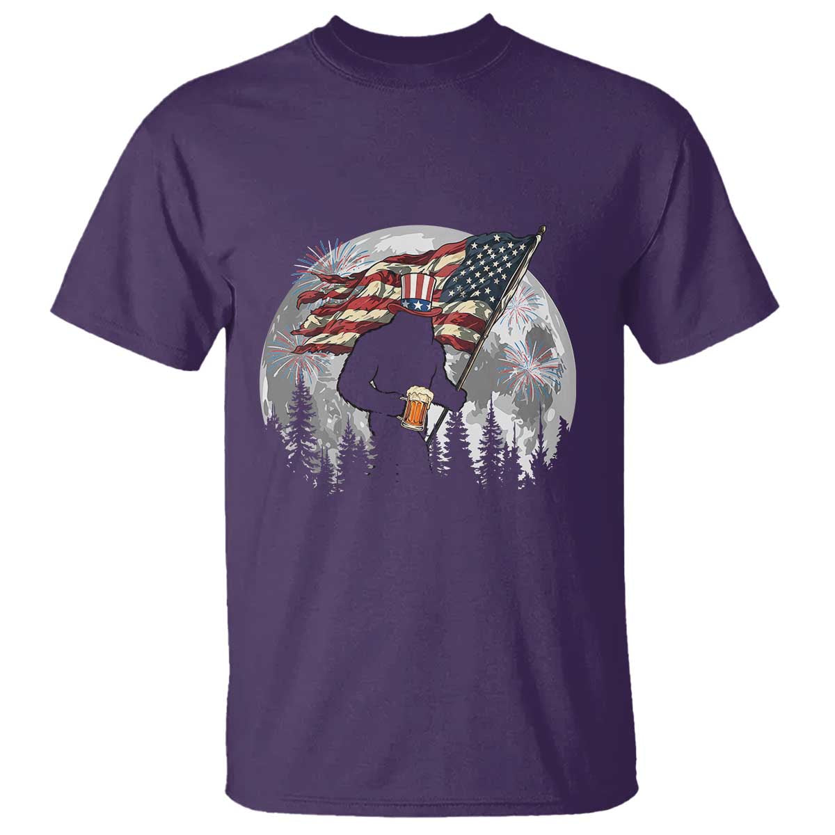Bigfoot Drinking Beer 4th of July T Shirt Sasquatch Hiking Moon American Flag TS14 Purple Print Your Wear
