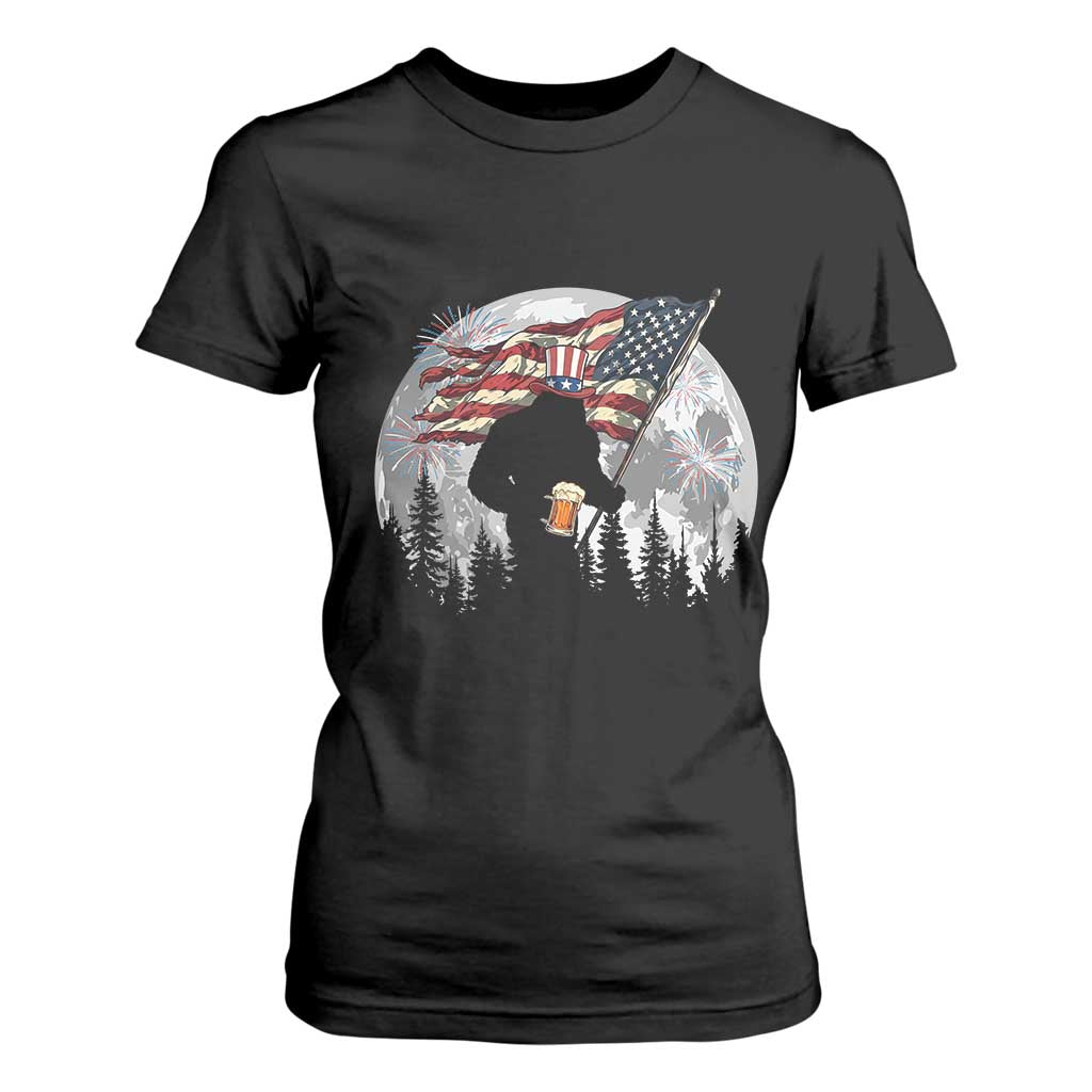 Bigfoot Drinking Beer 4th of July T Shirt For Women Sasquatch Hiking Moon American Flag TS14 Black Print Your Wear