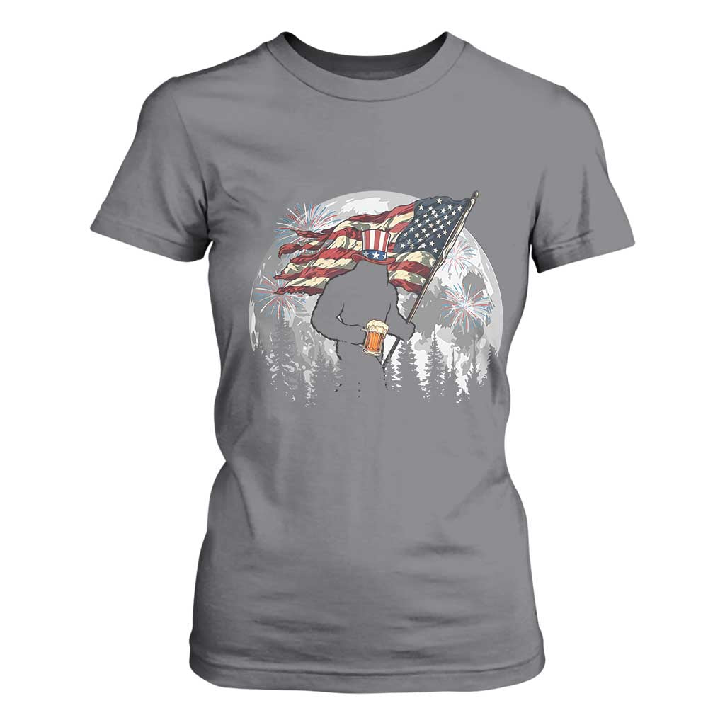 Bigfoot Drinking Beer 4th of July T Shirt For Women Sasquatch Hiking Moon American Flag TS14 Charcoal Print Your Wear