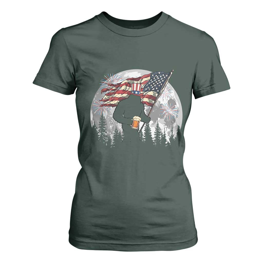 Bigfoot Drinking Beer 4th of July T Shirt For Women Sasquatch Hiking Moon American Flag TS14 Dark Forest Green Print Your Wear