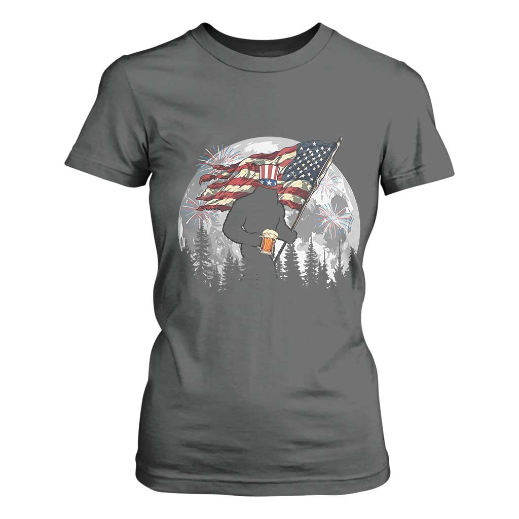 Bigfoot Drinking Beer 4th of July T Shirt For Women Sasquatch Hiking Moon American Flag TS14 Dark Heather Print Your Wear