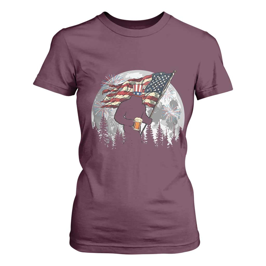 Bigfoot Drinking Beer 4th of July T Shirt For Women Sasquatch Hiking Moon American Flag TS14 Maroon Print Your Wear