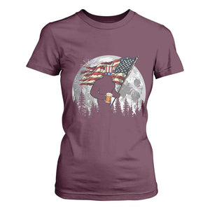 Bigfoot Drinking Beer 4th of July T Shirt For Women Sasquatch Hiking Moon American Flag TS14 Maroon Print Your Wear