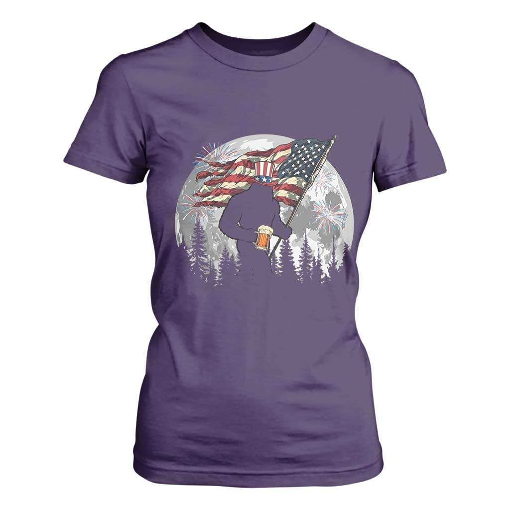 Bigfoot Drinking Beer 4th of July T Shirt For Women Sasquatch Hiking Moon American Flag TS14 Purple Print Your Wear