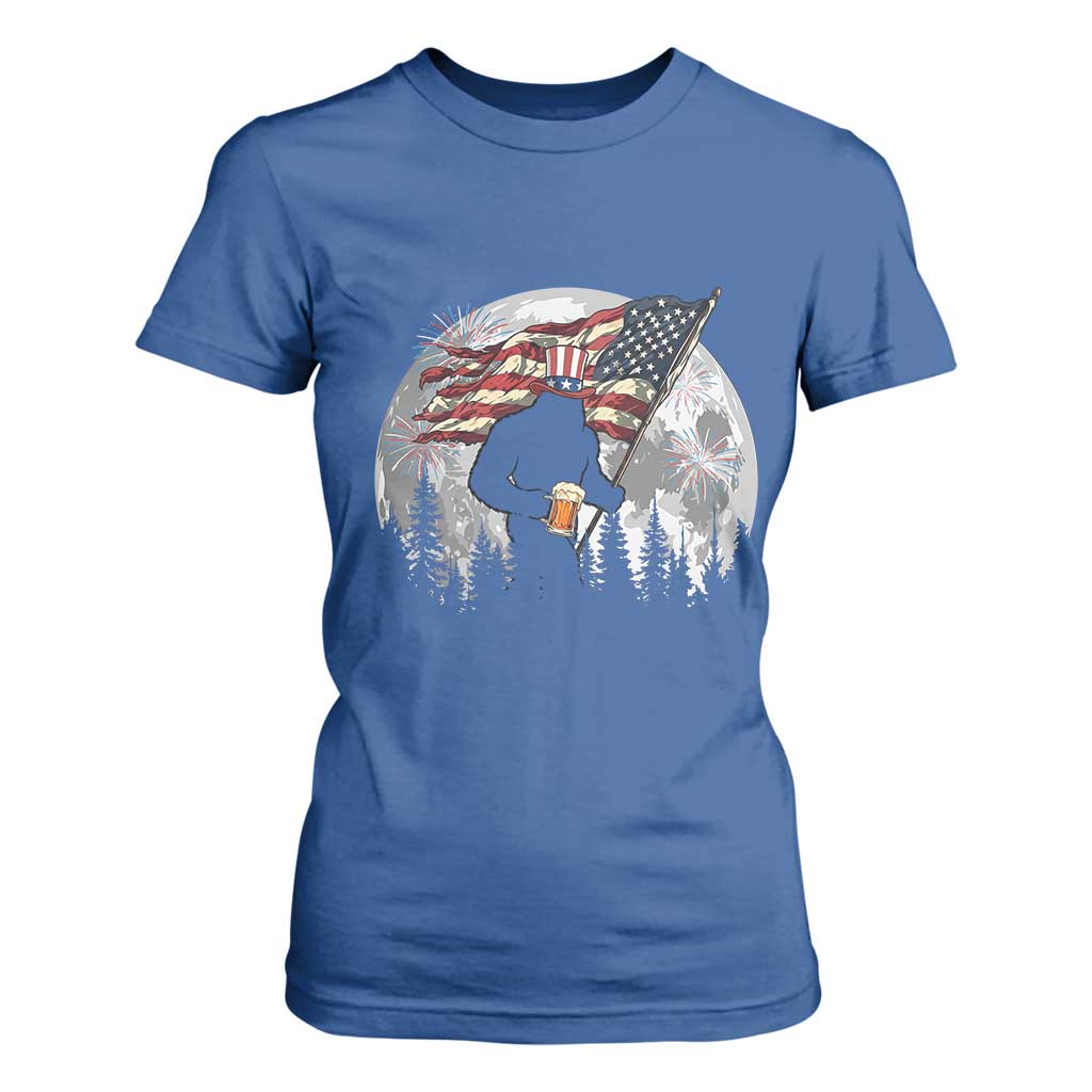 Bigfoot Drinking Beer 4th of July T Shirt For Women Sasquatch Hiking Moon American Flag TS14 Royal Blue Print Your Wear