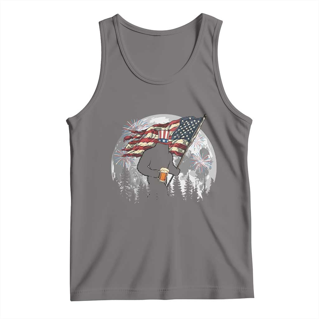 Bigfoot Drinking Beer 4th of July Tank Top Sasquatch Hiking Moon American Flag TS14 Deep Heather Print Your Wear