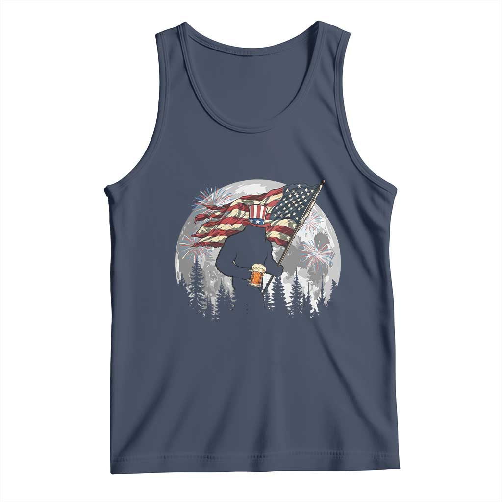 Bigfoot Drinking Beer 4th of July Tank Top Sasquatch Hiking Moon American Flag TS14 Navy Print Your Wear
